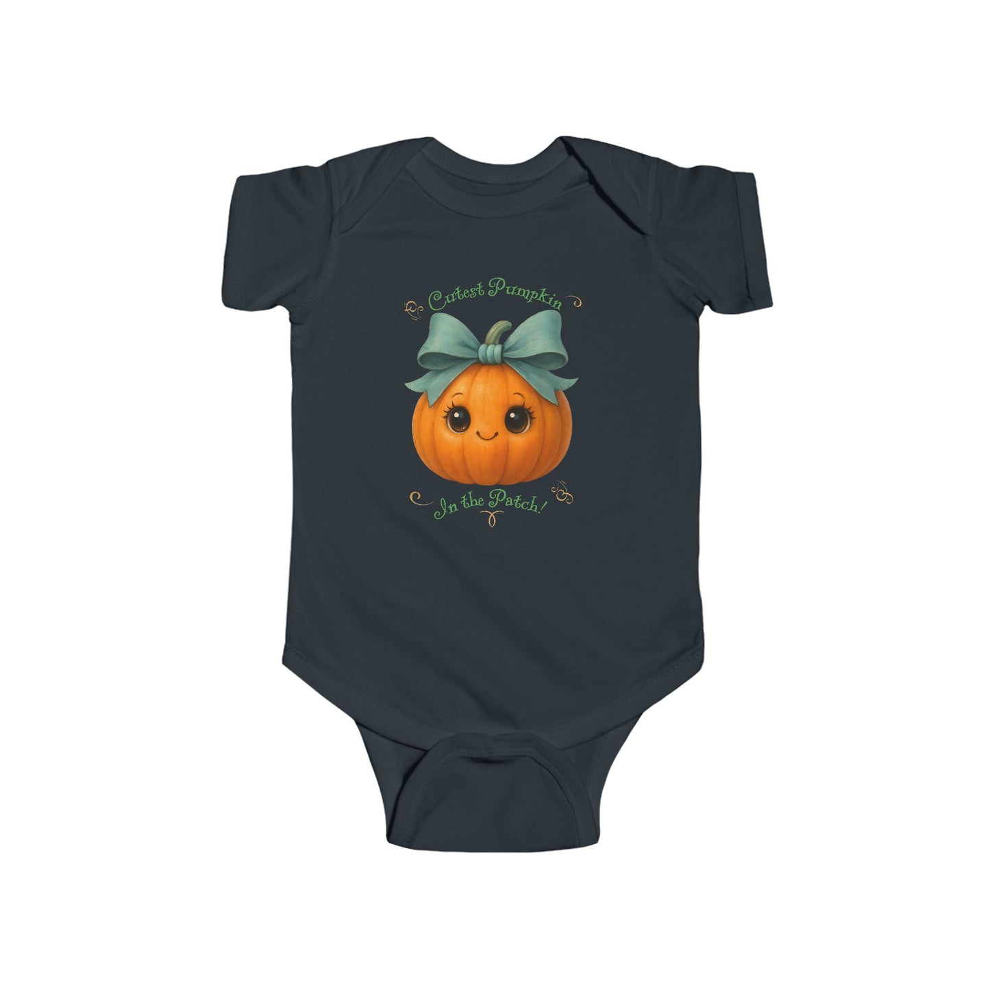 Harvest-themed baby clothing – white bodysuit with pumpkin artwork and fall leaf background