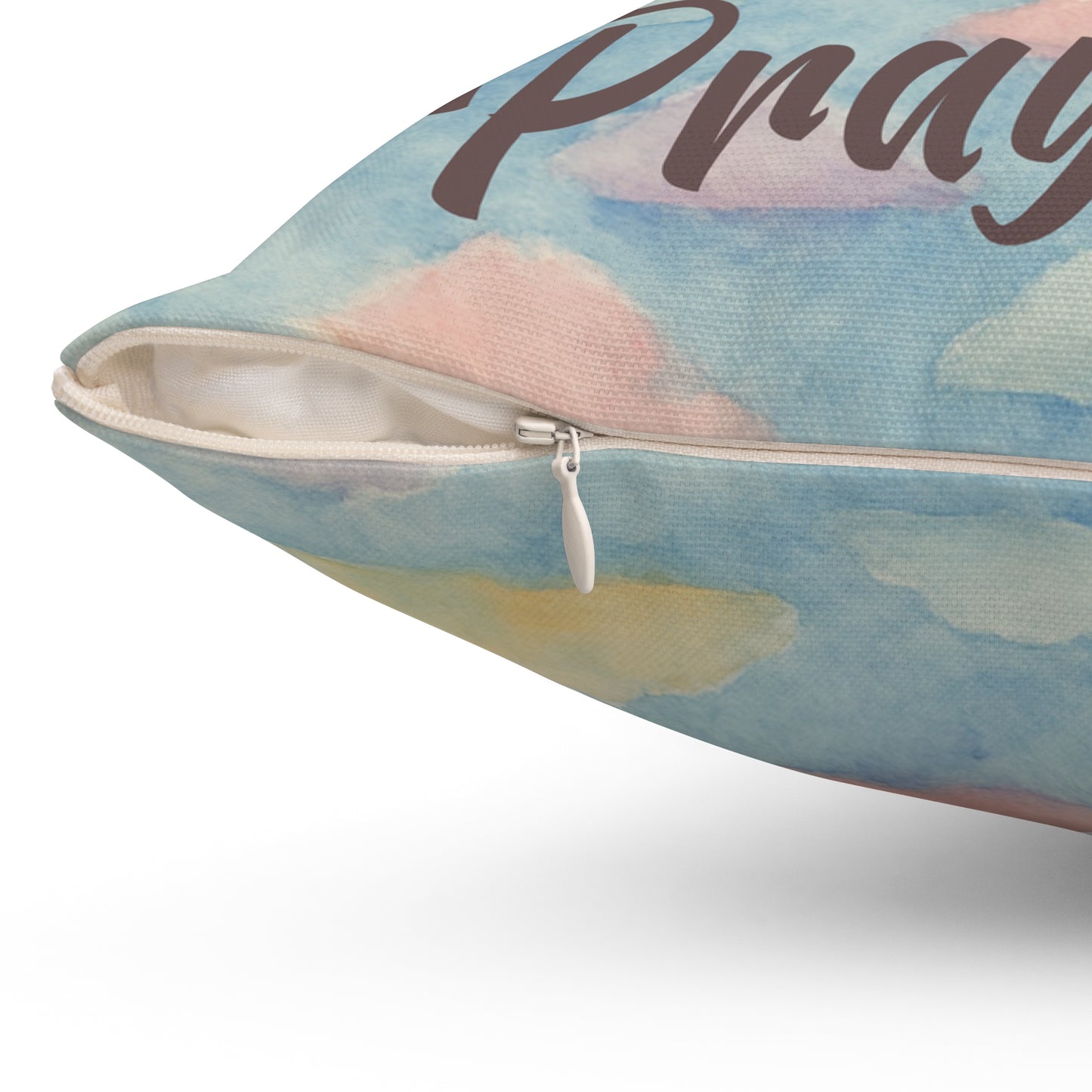 Decorative throw pillow for baby nursery with faith-based message and pastel rainbow clouds