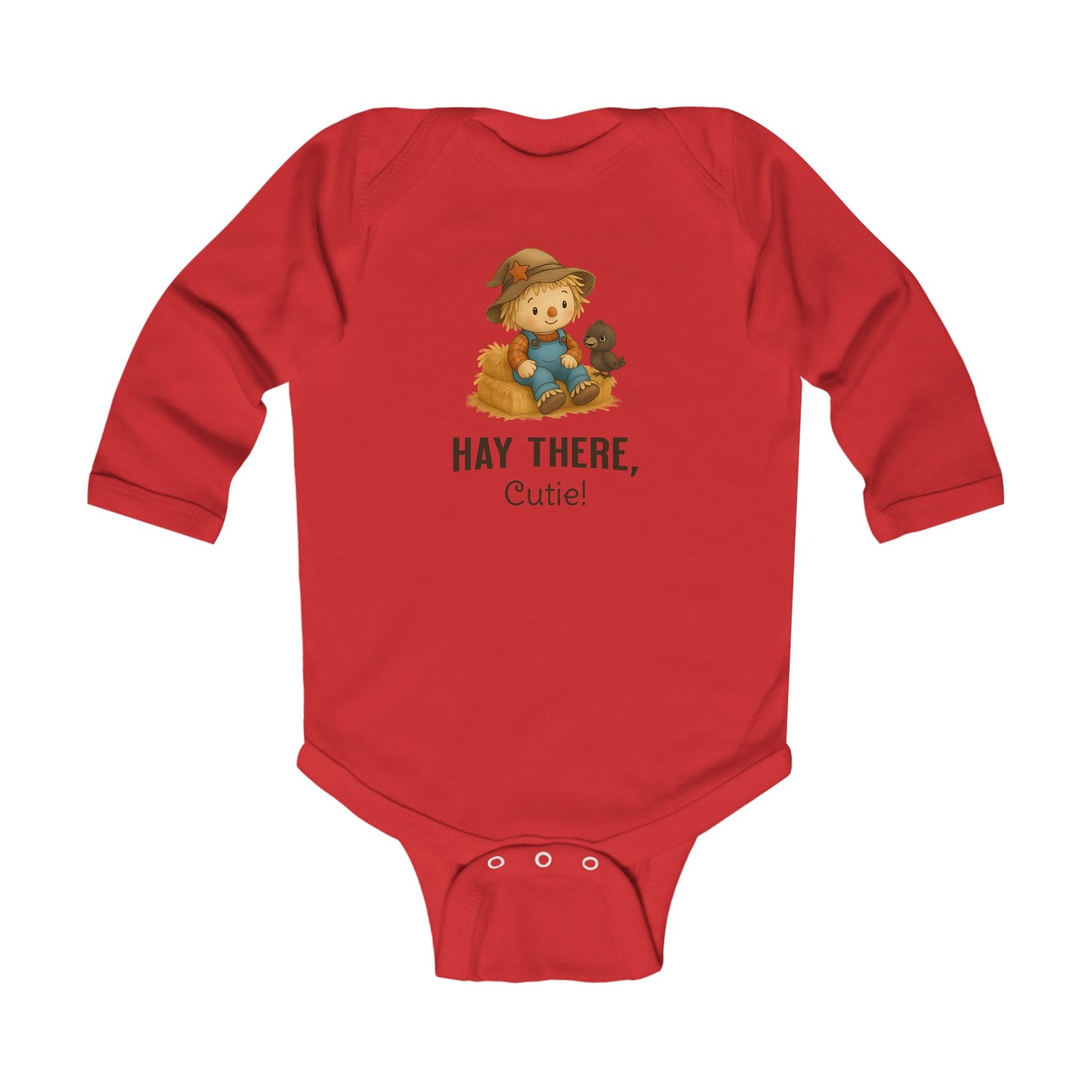Red Long sleeve scarecrow onesie fall baby bodysuit with “Hay There…Cutie!” caption