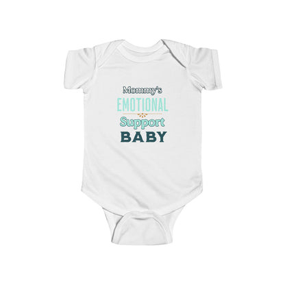 White baby onesie with text 'Mommy's Emotional Support Baby' on a white background