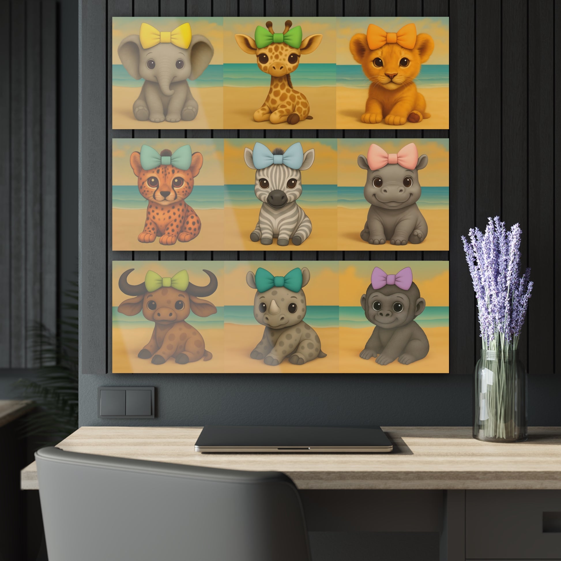 Adorable safari nursery wall decor – baby animals with colorful bows on beach background