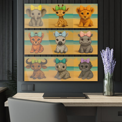 Adorable safari nursery wall decor – baby animals with colorful bows on beach background