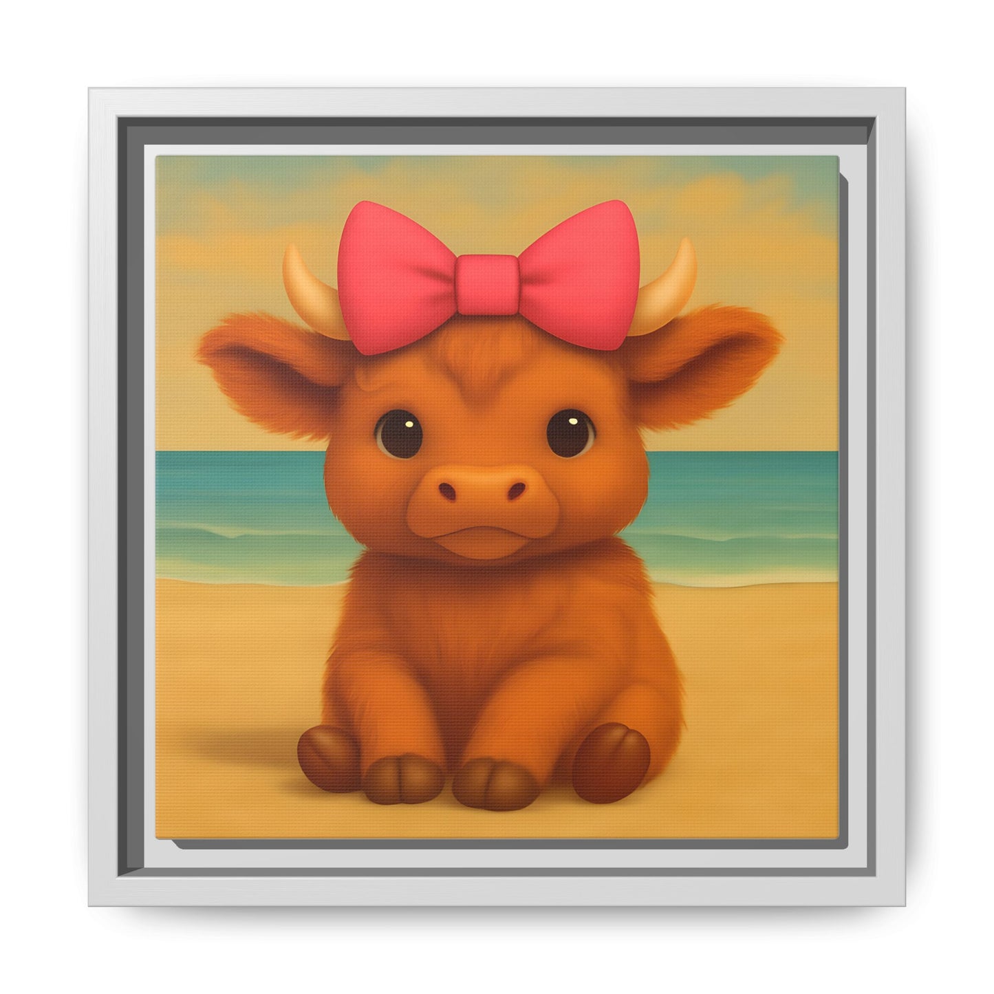 Adorable baby cow canvas print with pastel ocean background