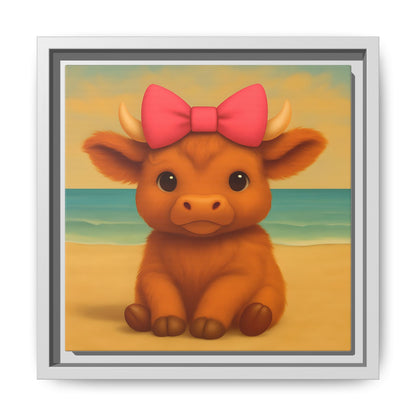 Adorable baby cow canvas print with pastel ocean background