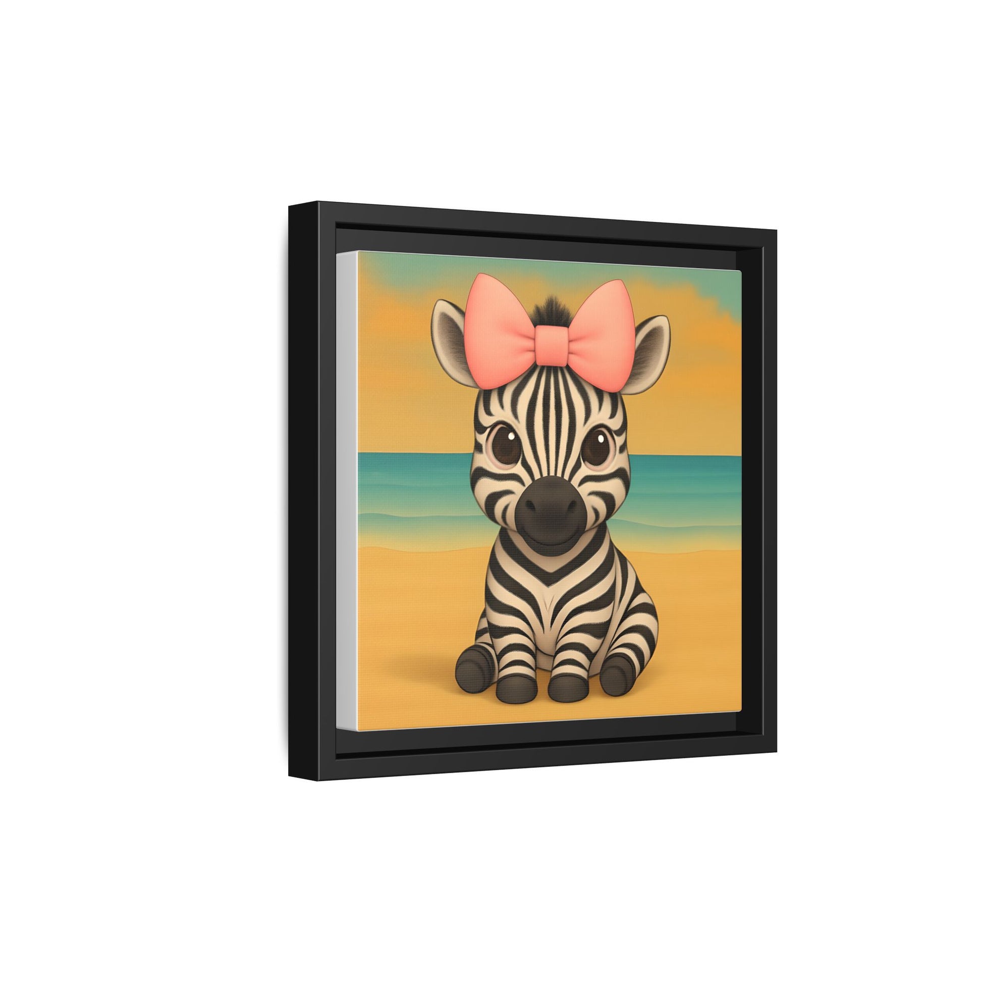 Baby zebra illustration with pink bow on tropical beach, framed nursery wall decor