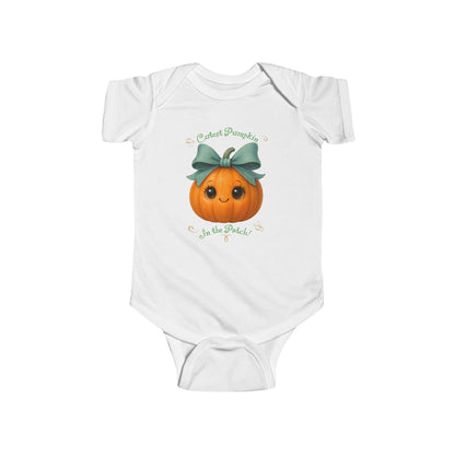 White baby bodysuit with cute pumpkin graphic and green bow.