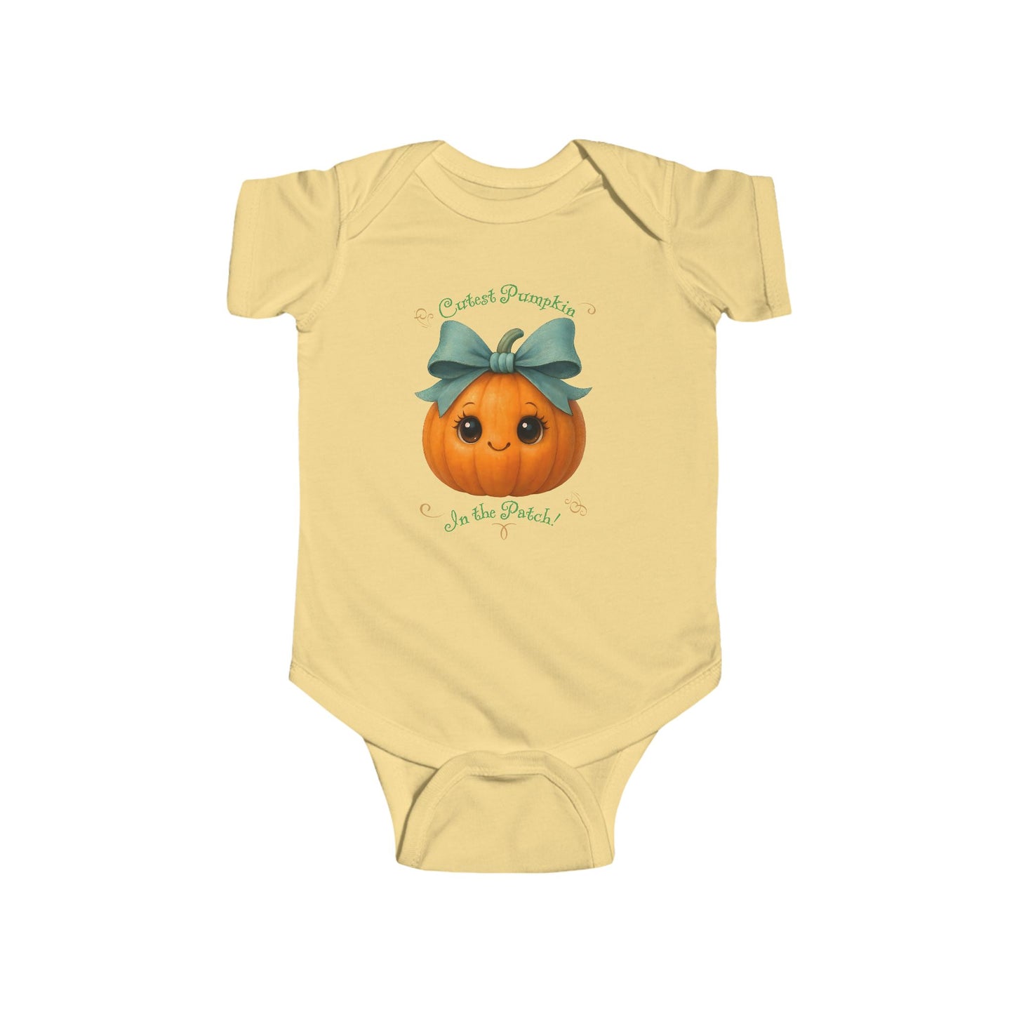 Infant bodysuit with kawaii pumpkin print and text ‘cutest pumpkin in the patch,’ styled with fall décor.