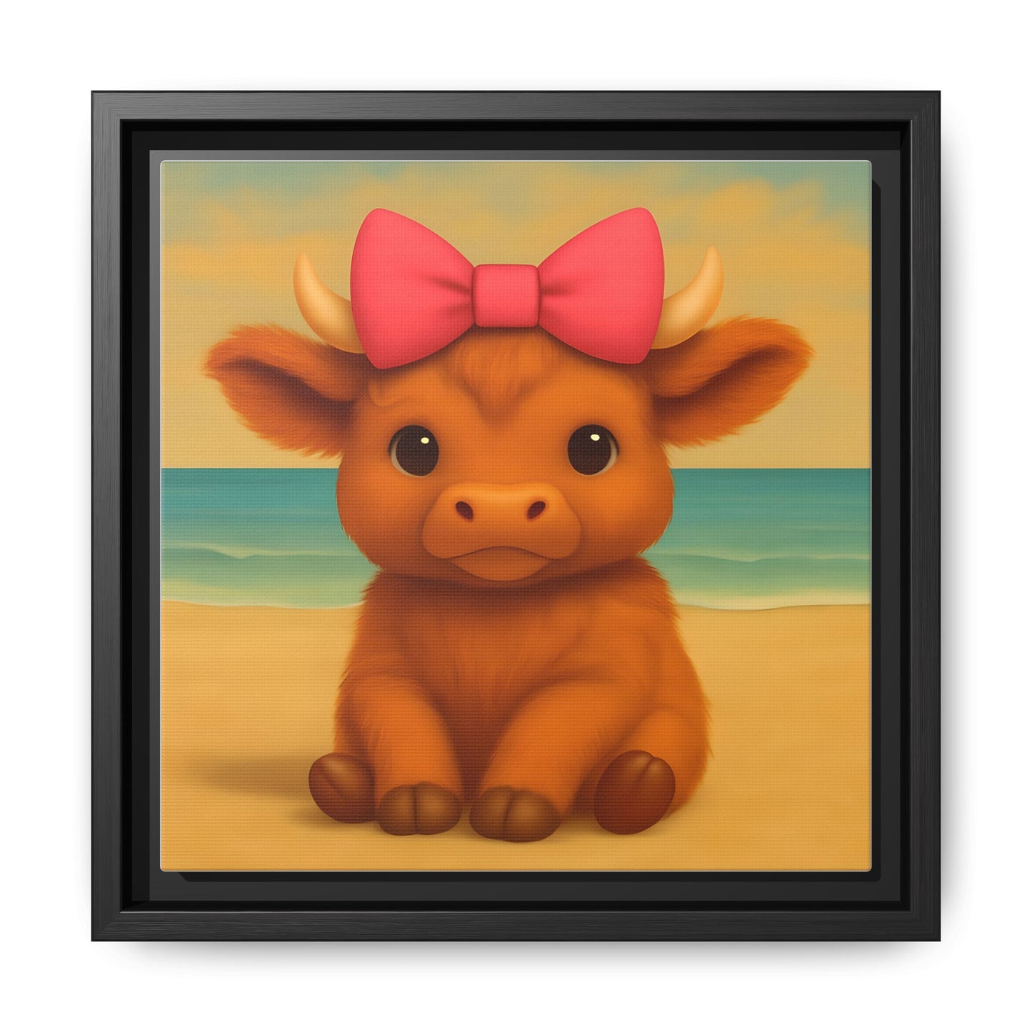 Baby highland cow with pink bow sitting on beach canvas art