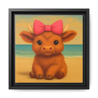 Baby highland cow with pink bow sitting on beach canvas art