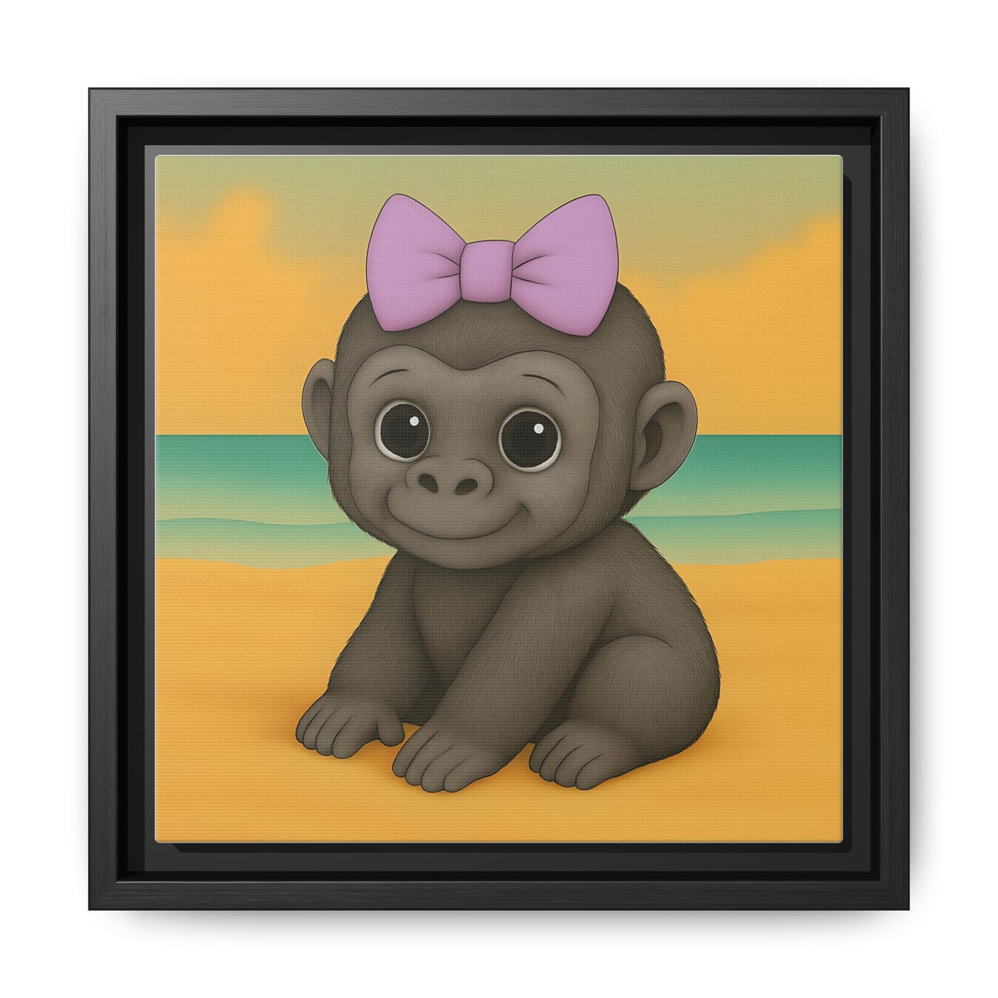 baby monkey canvas art with purple bow on tropical beach