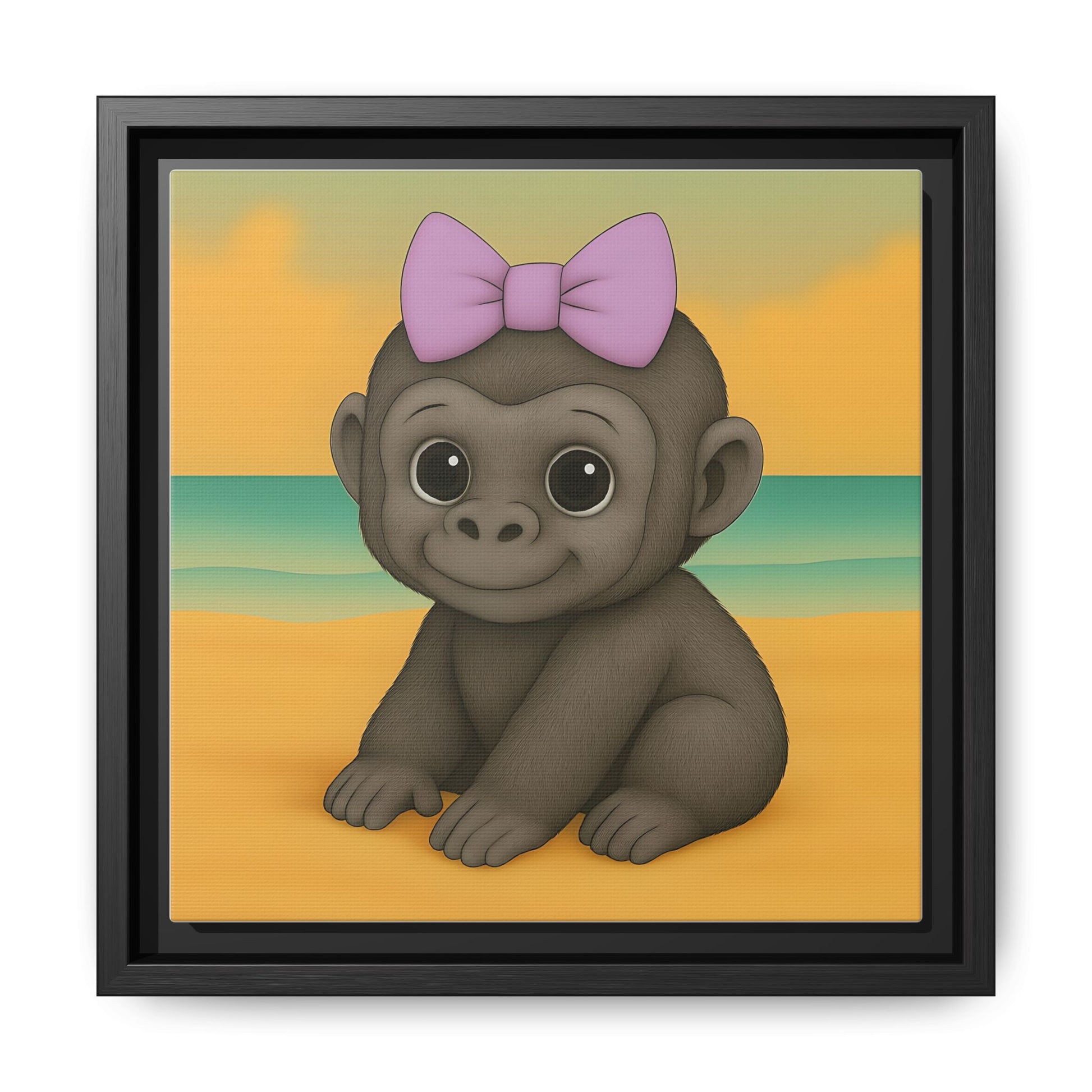 baby monkey canvas art with purple bow on tropical beach