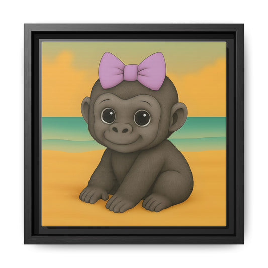 baby monkey canvas art with purple bow on tropical beach