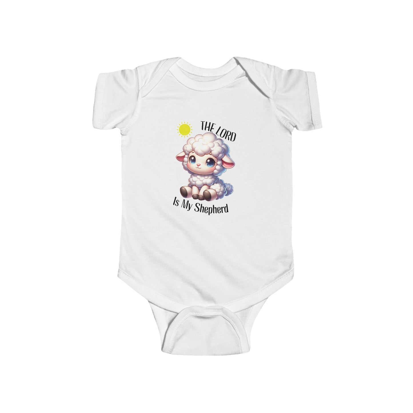 White infant bodysuit featuring cute sheep design and Bible verse