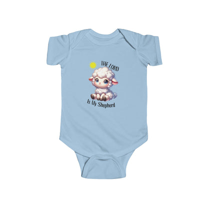 Faith-inspired newborn outfit with lamb illustration and scripture quote