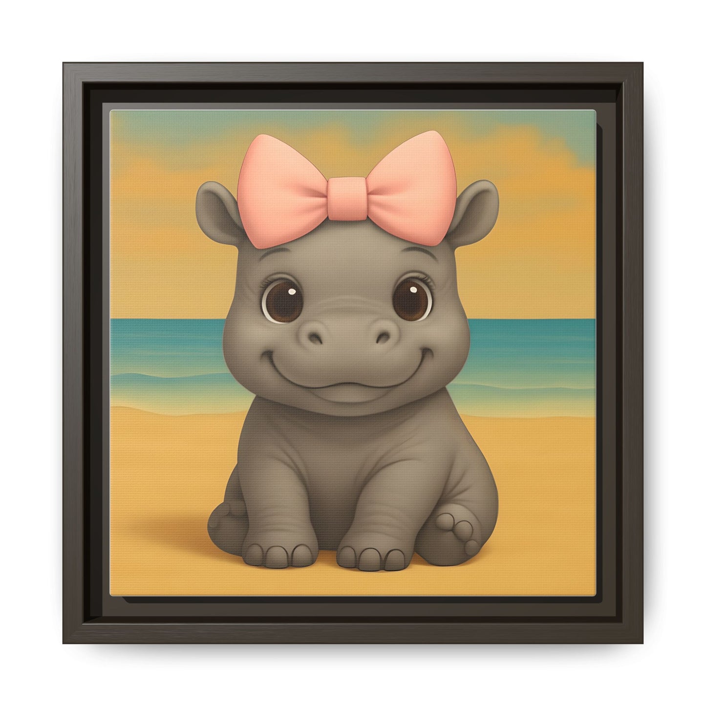 Smiling hippo with pink bow sitting on beach background