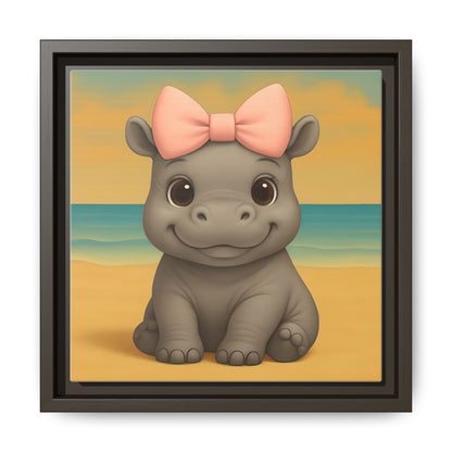 Smiling hippo with pink bow sitting on beach background