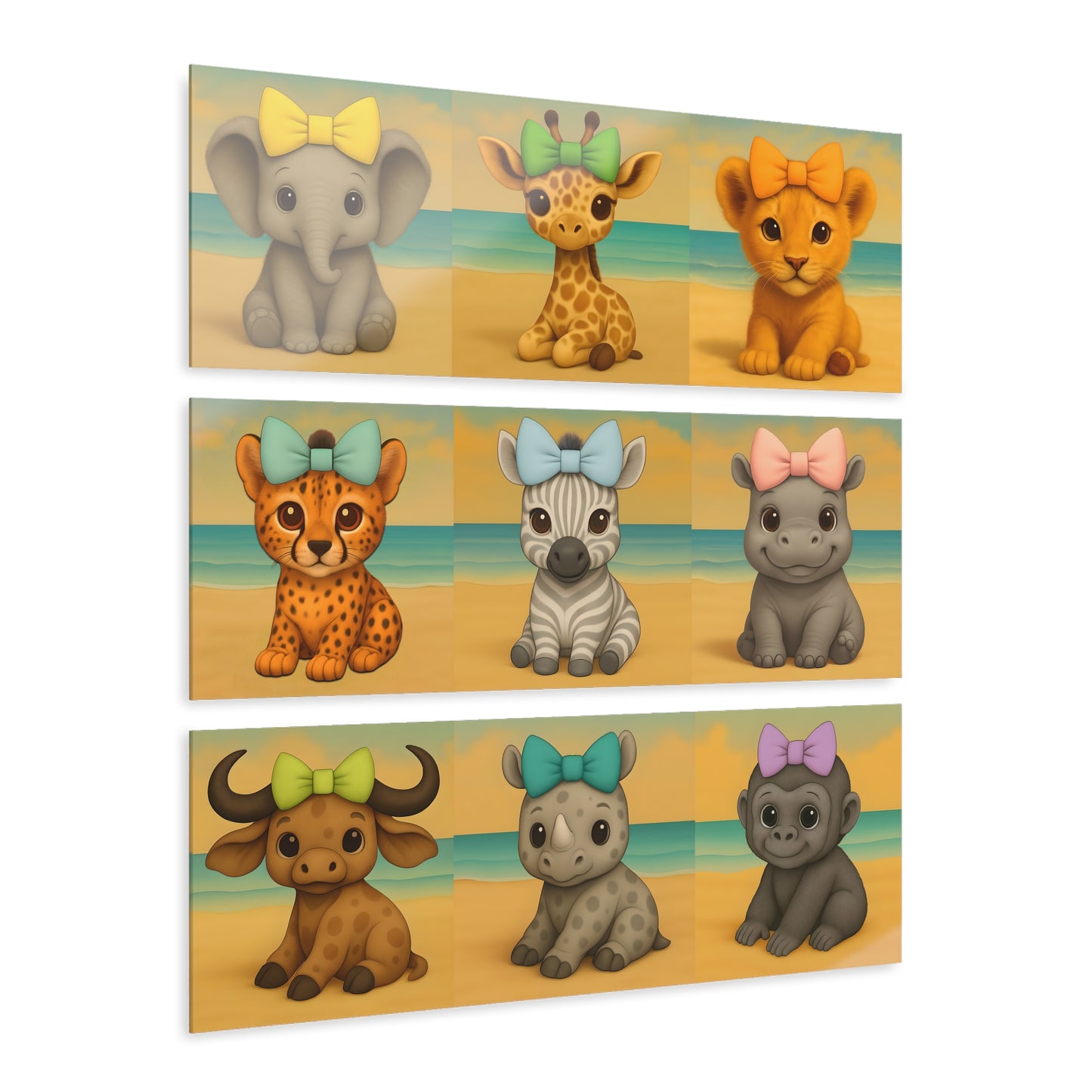 Cute baby safari animals canvas wall decor for nursery or kids room with pastel bows