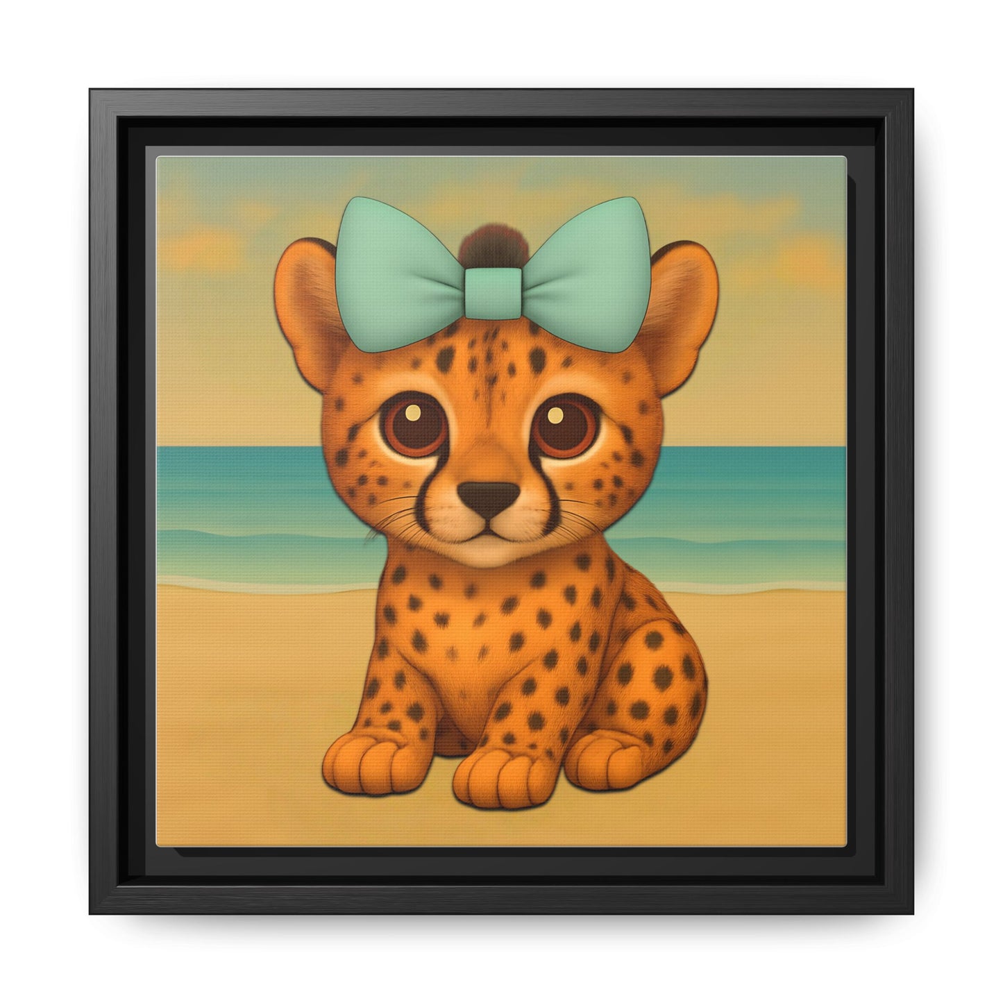 Baby cheetah wall art on beach background with teal bow – framed canvas nursery decor