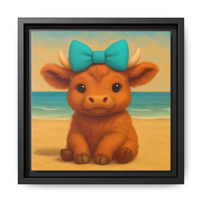 Highland Cow framed canvas wall art with teal bow