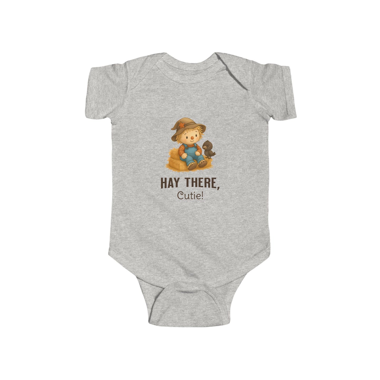 Seasonal baby onesie with cute scarecrow print and text Hay There Cutie