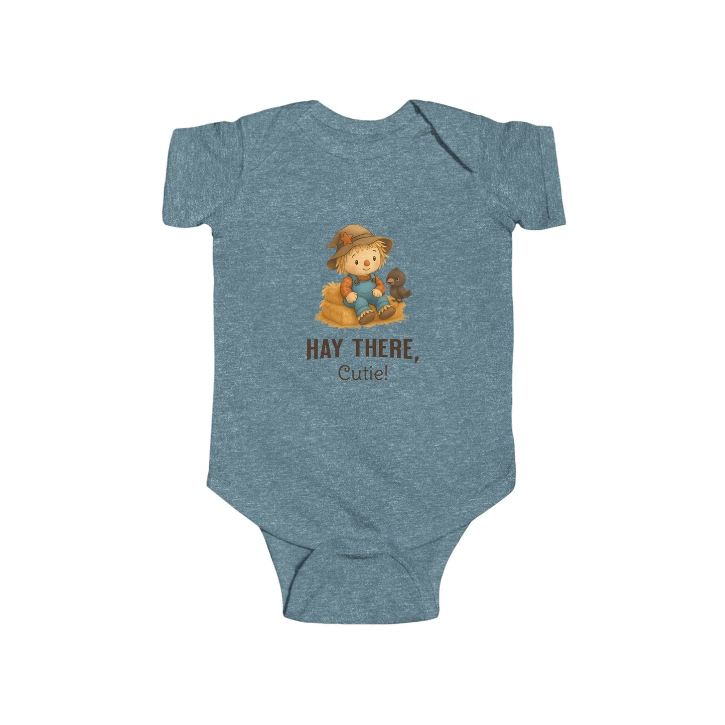 Cute fall baby bodysuit with autumn scarecrow graphic and playful text