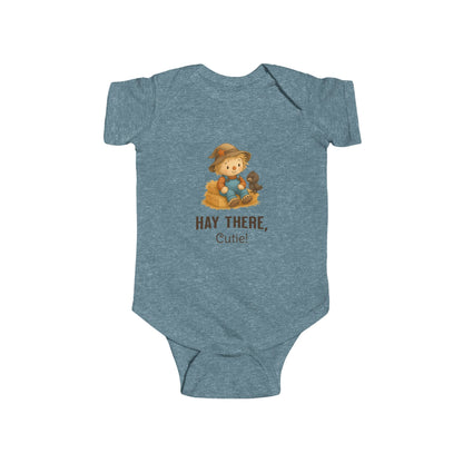 Cute fall baby bodysuit with autumn scarecrow graphic and playful text