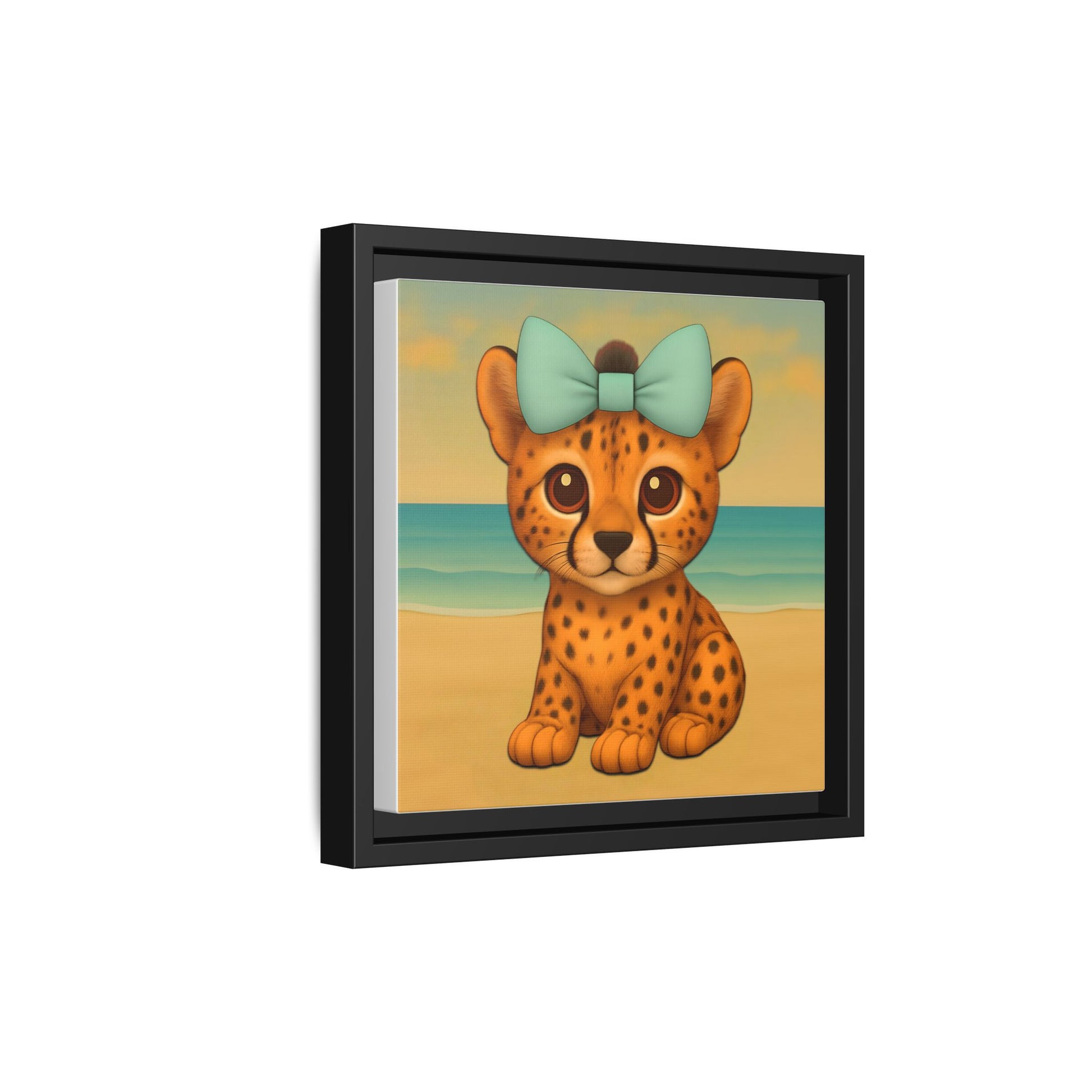 Baby cheetah canvas artwork with teal bow – playful jungle animal nursery wall art