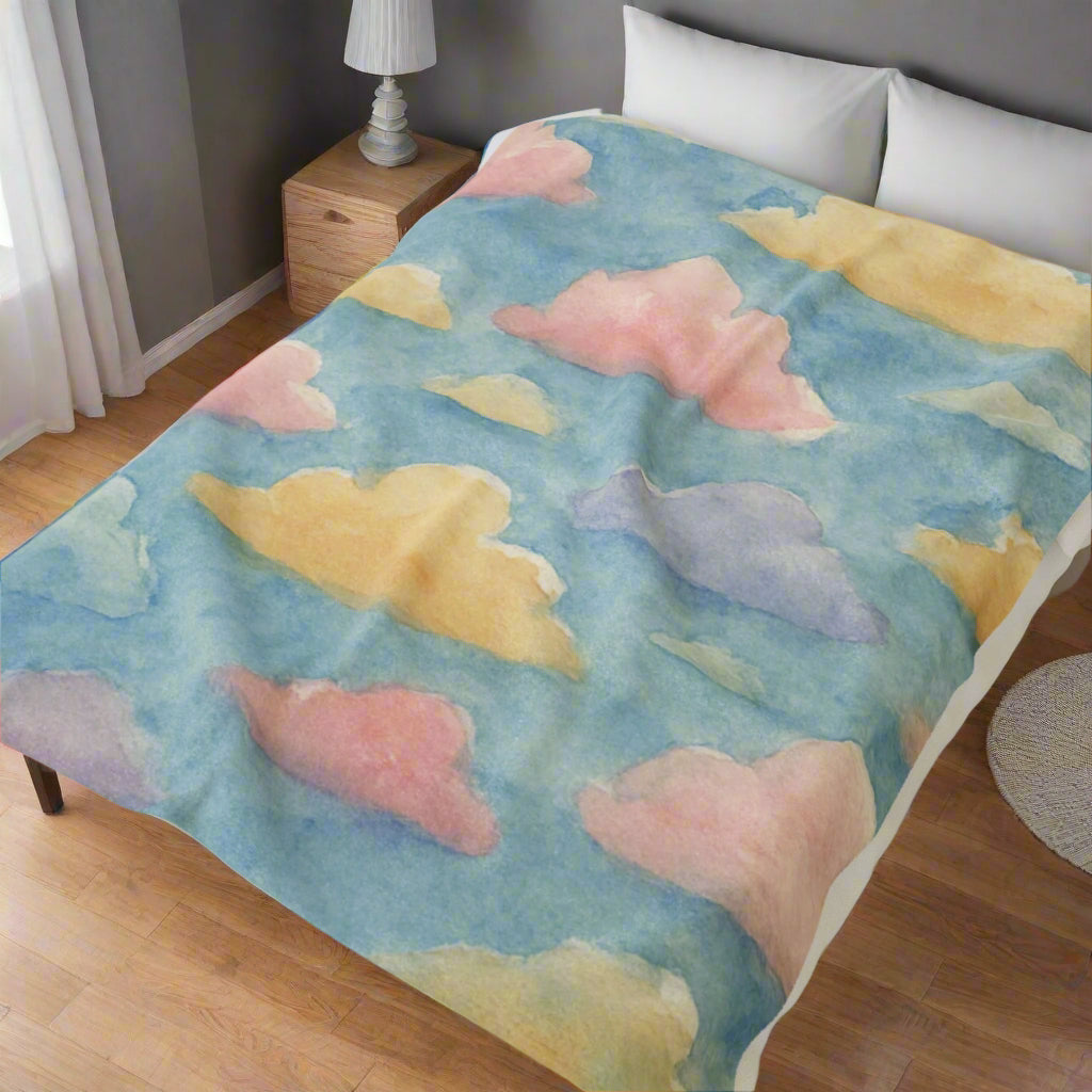 Large Rainbow cloud nursery throw blanket in soft velveteen