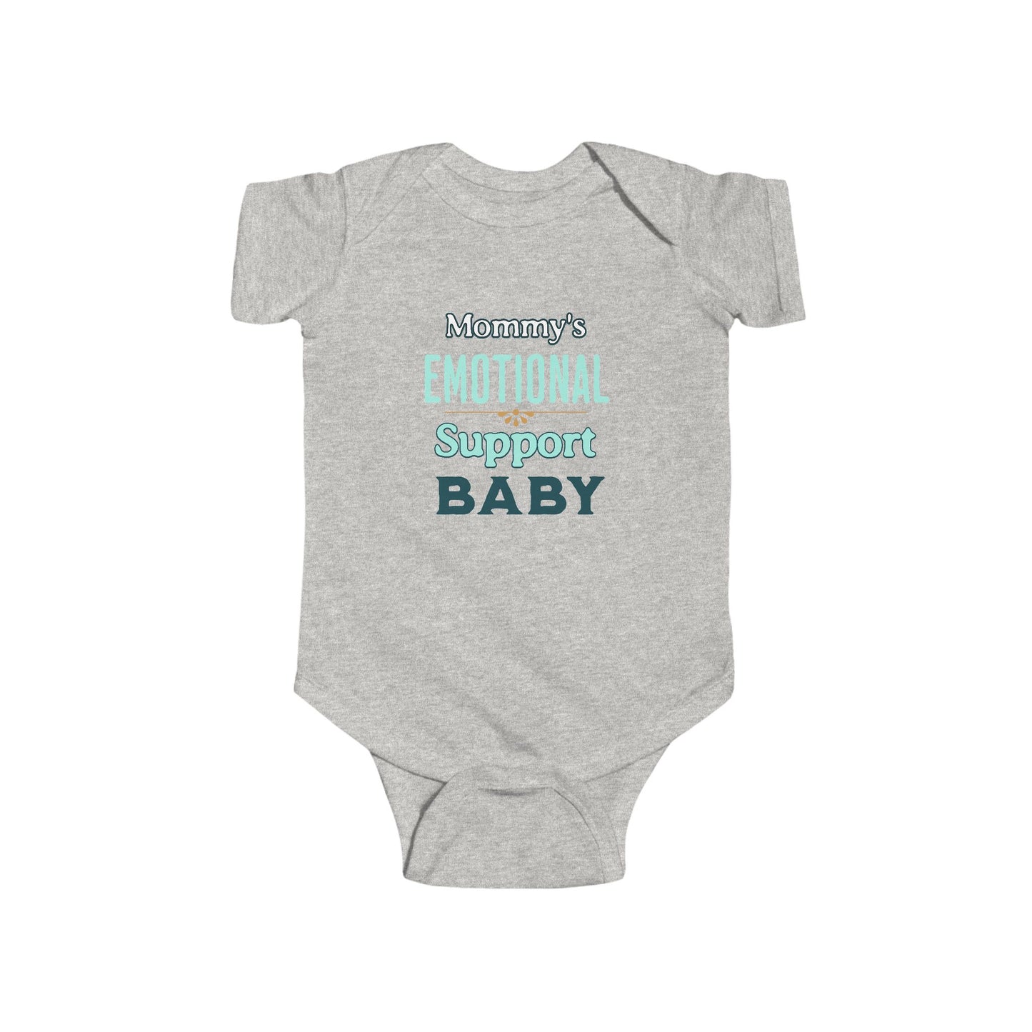 Gray baby onesie with text 'Mommy's Emotional Support Baby' baby shower gift