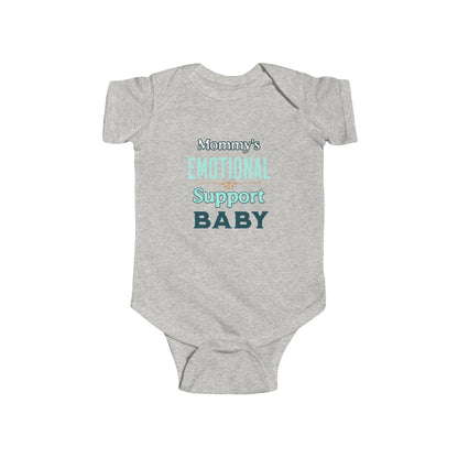 Gray baby onesie with text 'Mommy's Emotional Support Baby' baby shower gift
