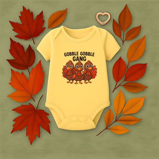 Yellow baby onesie with turkey design and 'Gobble Gobble Gang' text, surrounded by autumn leaves on a green background.