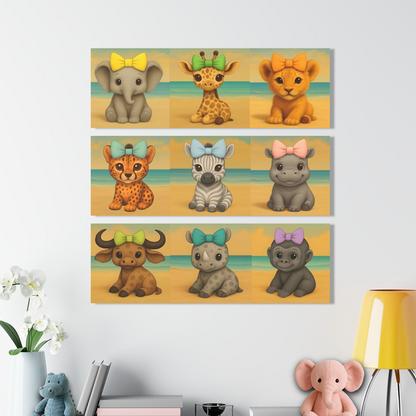 Safari animal nursery wall art set with baby elephant, giraffe, lion, cheetah, zebra, hippo, buffalo, rhino, and monkey in bows