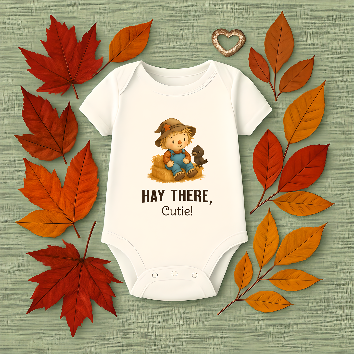 Hay There Cutie baby onesie with scarecrow and crow design – fall infant outfit