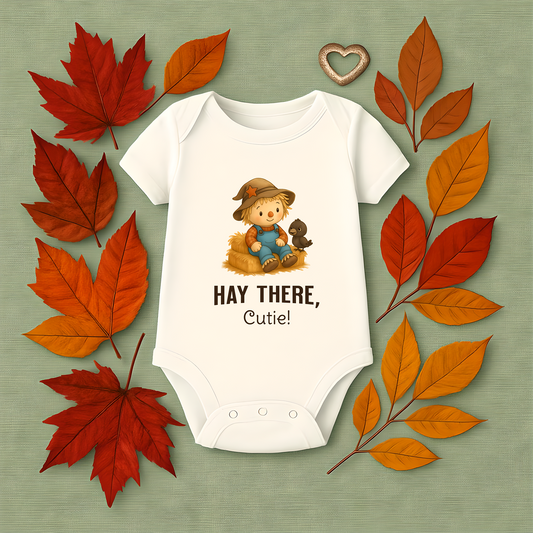 Hay There Cutie baby onesie with scarecrow and crow design – fall infant outfit