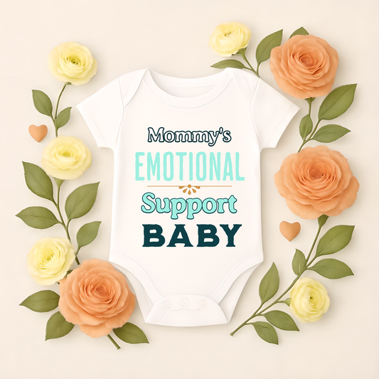 White baby onesie with 'Mommy's Emotional Support Baby' text, surrounded by flowers on a beige background