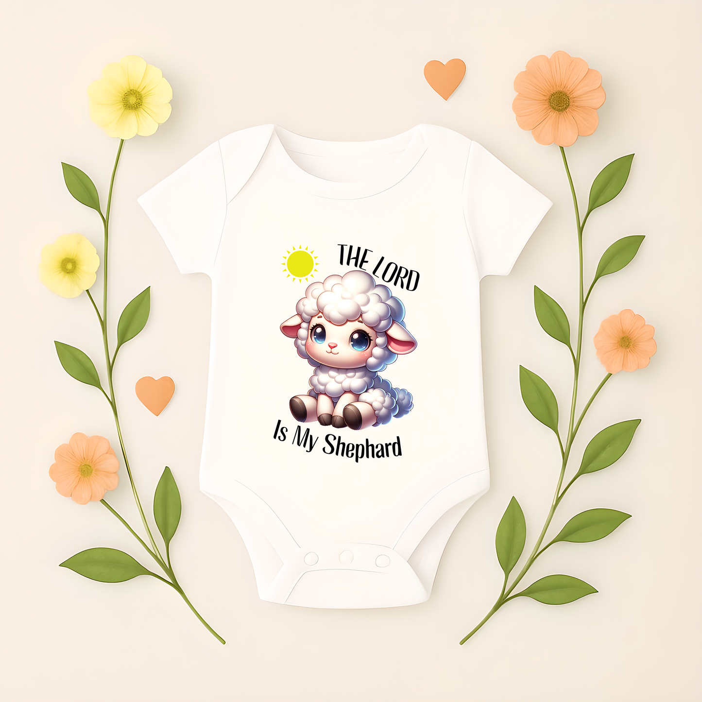 Christian baby onesie with lamb graphic and The Lord is My Shepherd text