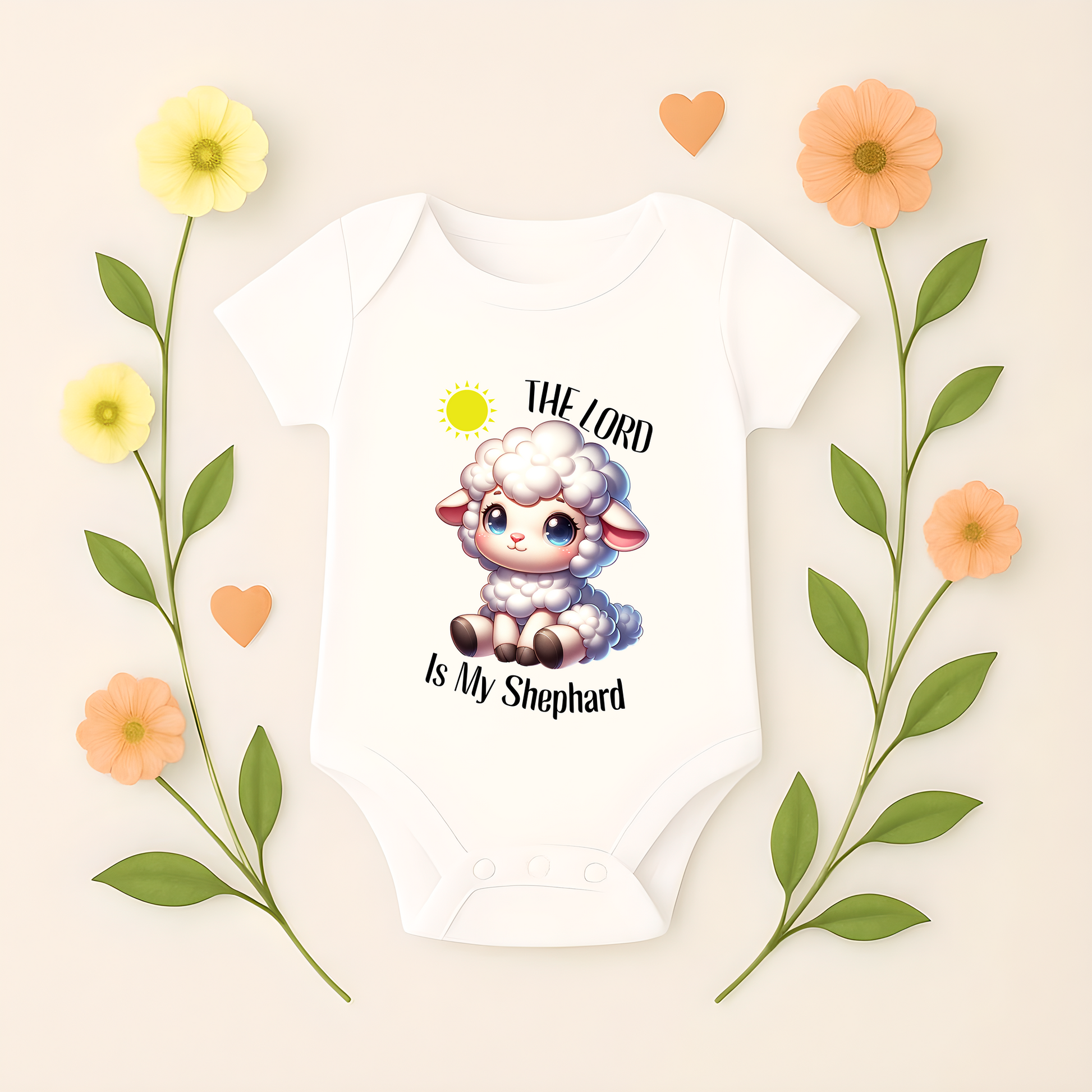 Christian baby onesie with lamb graphic and The Lord is My Shepherd text
