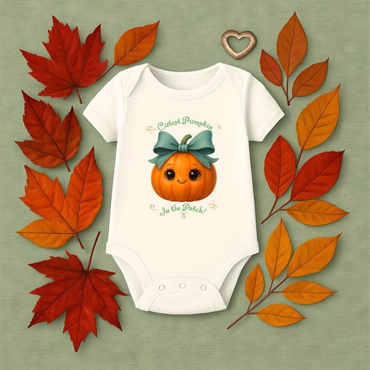 Cutest pumpkin in the patch baby onesie with fall leaves and heart accent – adorable autumn infant outfit
