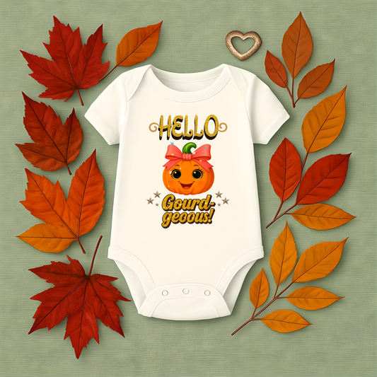 Hello gourd-geous baby onesie – cute fall pumpkin outfit for newborns and infants.