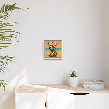 Playful safari nursery decor, framed zebra illustration with pastel seaside background