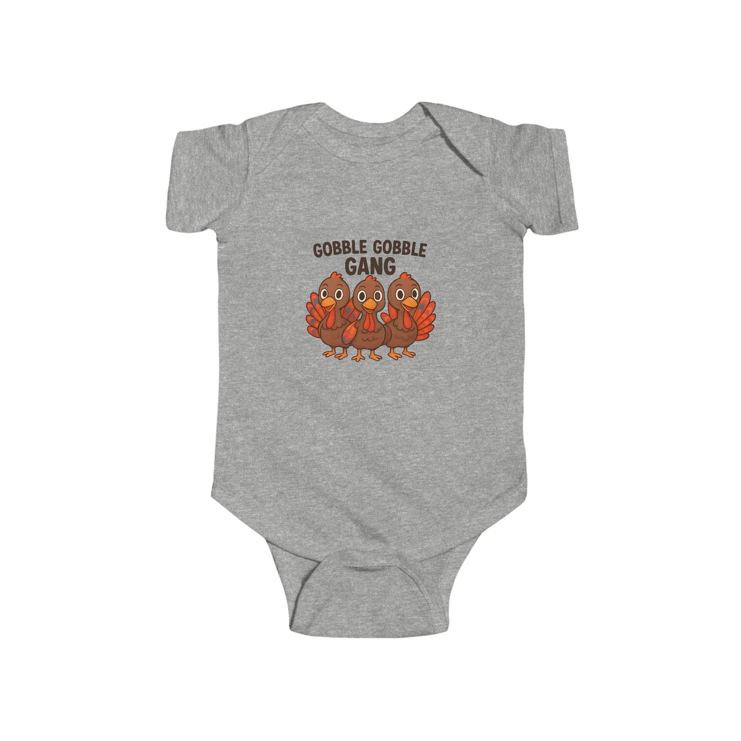 Gray baby fall onesie with 'Gobble Gobble Gang' design on a white background.
