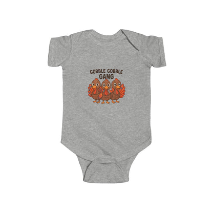 Gray baby fall onesie with 'Gobble Gobble Gang' design on a white background.