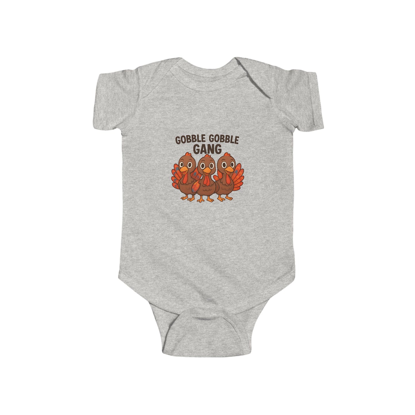 Ash gray baby seasonal onesie with 'Gobble Gobble Gang' text and turkey graphics on a white background.