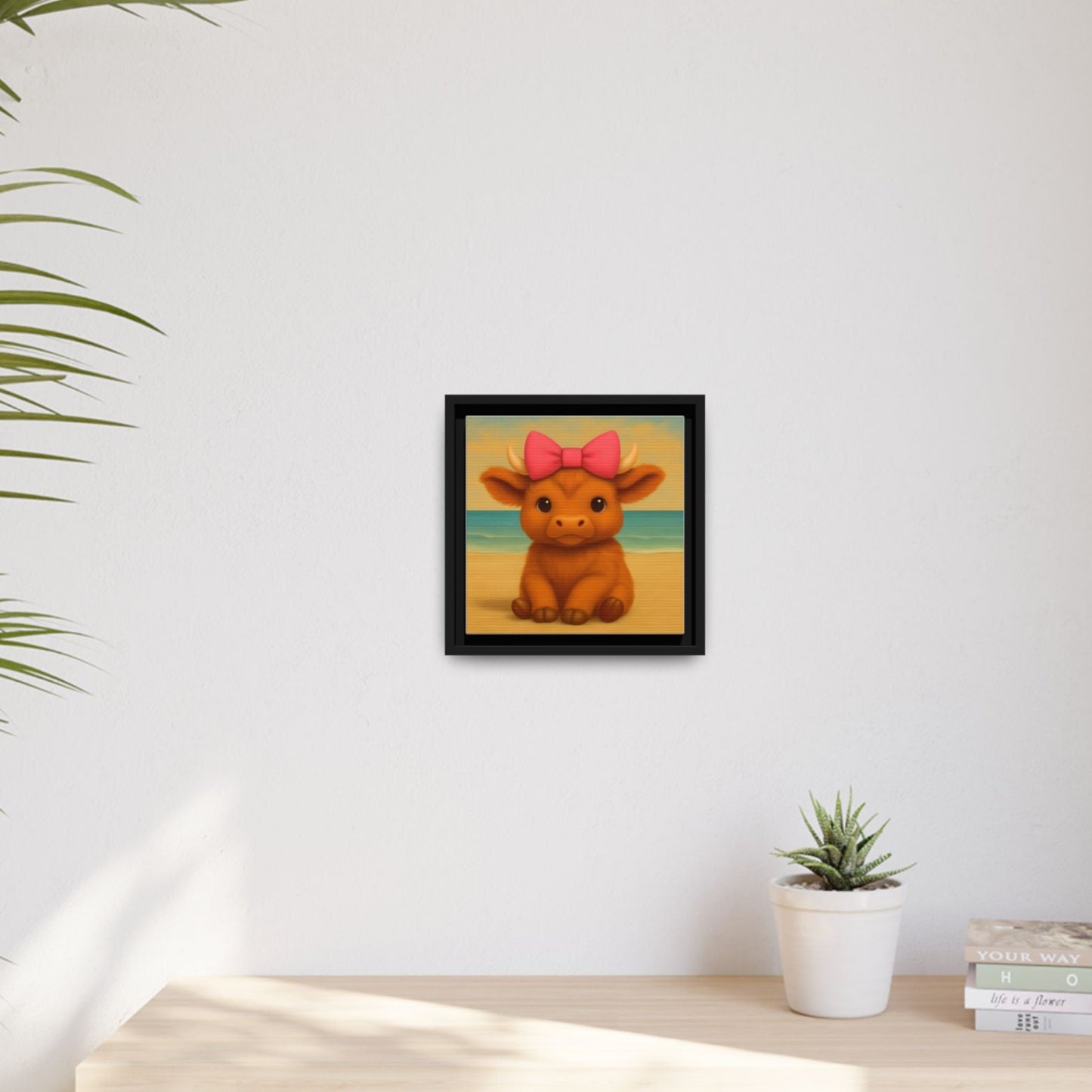 Highland cow nursery print on sandy beach backdrop