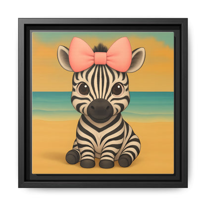 Whimsical safari animal canvas featuring baby zebra illustration with pink bow, beach theme nursery wall art