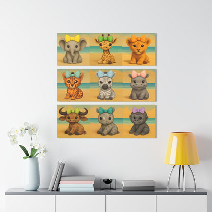 (3) 36"x12"Acrylic print jungle animal wall art set featuring baby elephant, lion, giraffe, zebra, hippo, and more
