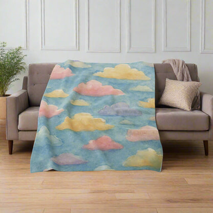 Rainbow cloud watercolor velveteen throw blanket for nurseries and kids rooms