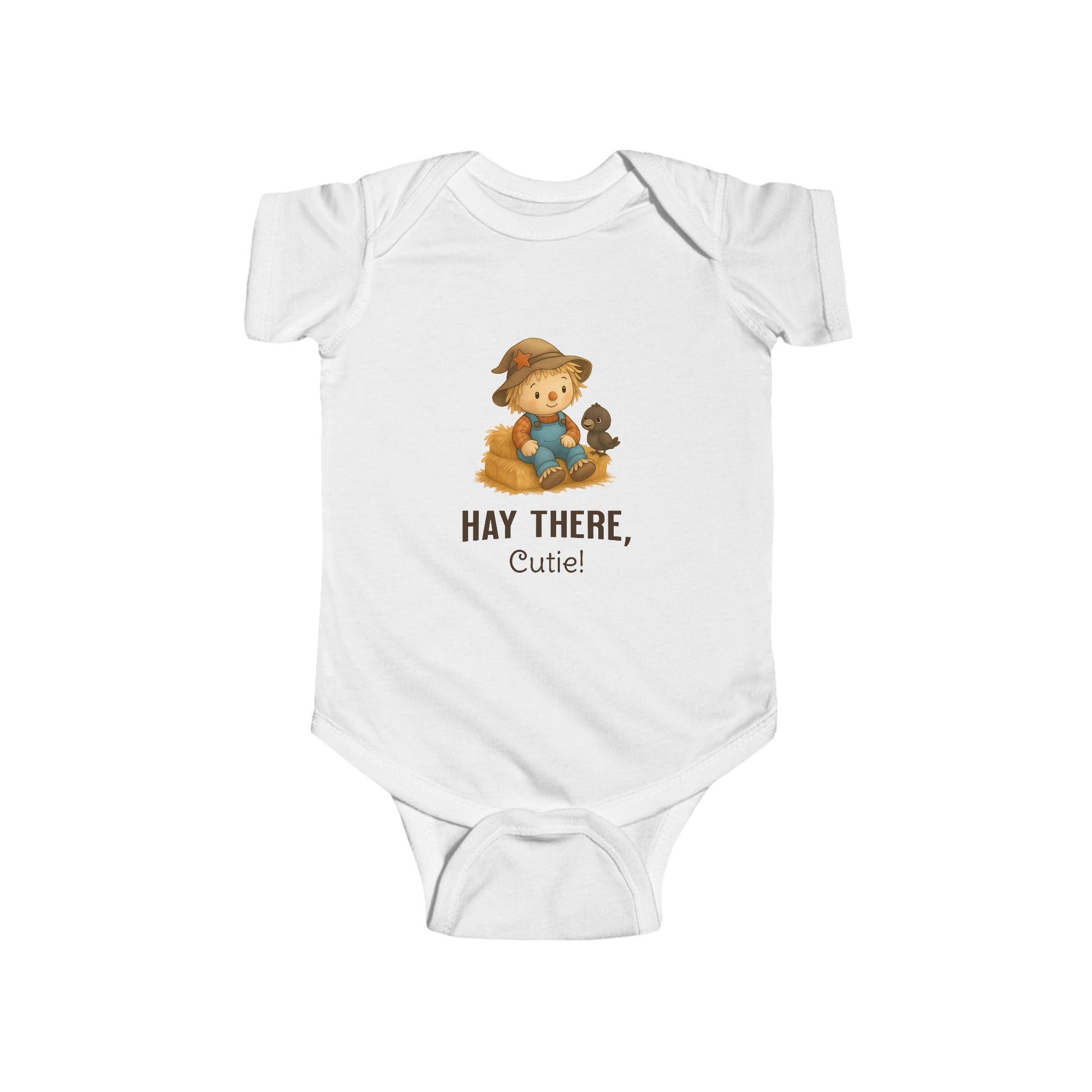 White cotton baby bodysuit with scarecrow sitting on hay – autumn newborn clothing