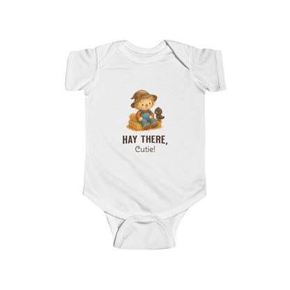 White cotton baby bodysuit with scarecrow sitting on hay – autumn newborn clothing