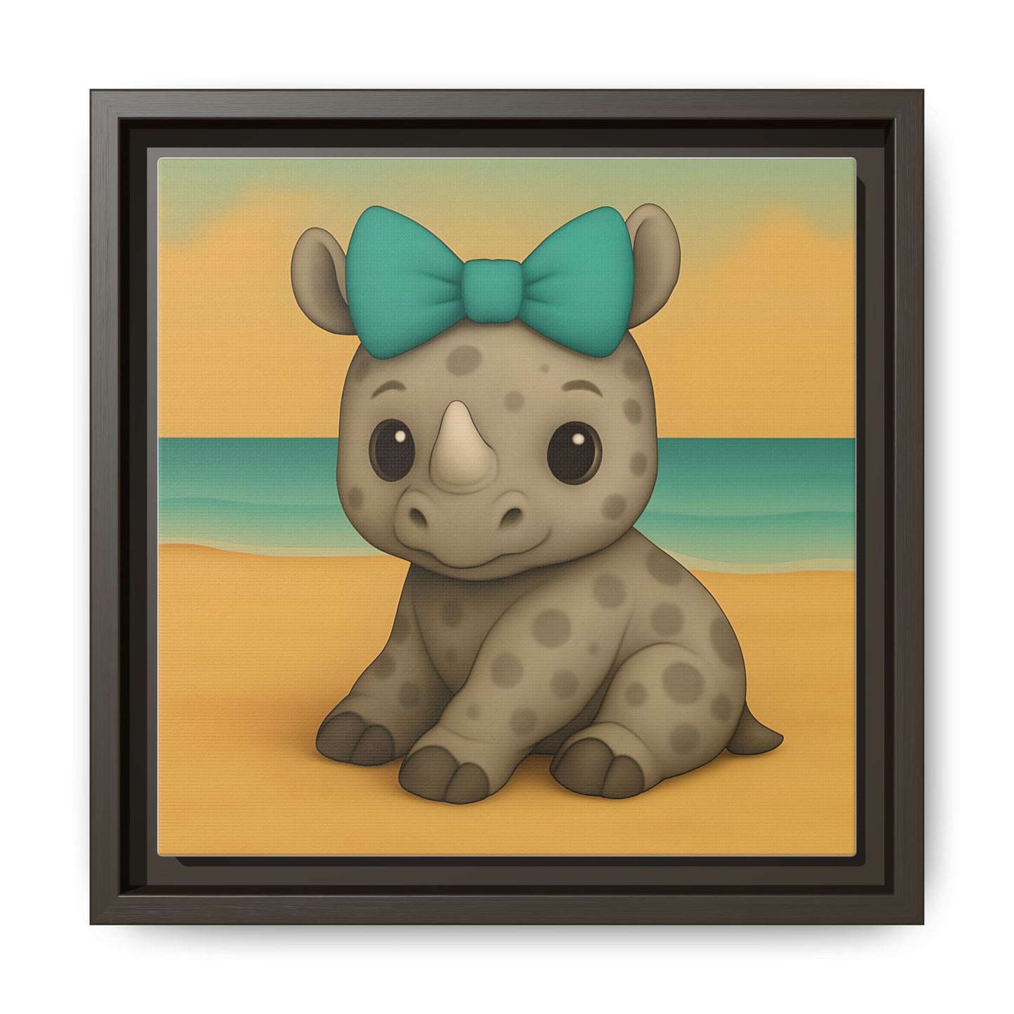 Cute safari animal rhino sitting on a beach background
